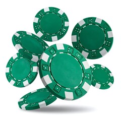 Green casino chips fall with white accents casting shadows on a plain, isolated white background