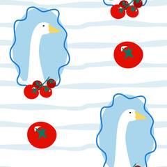 Cute goose seamless pattern with tomatoes.