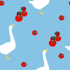 Cute goose seamless pattern with tomatoes.