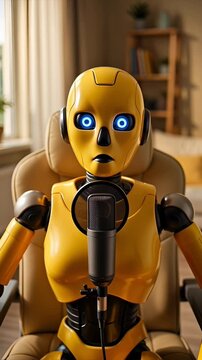 A young yellow Android records a podcast with a microphone in a cozy home studio. Ideal for media and content marketing.