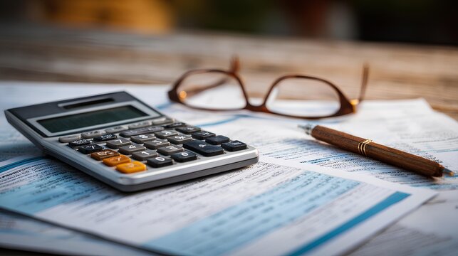 Financial Insight: A detailed shot showcasing the essential tools of financial analysis - a calculator, reading glasses, a pen, and accounting documents.
