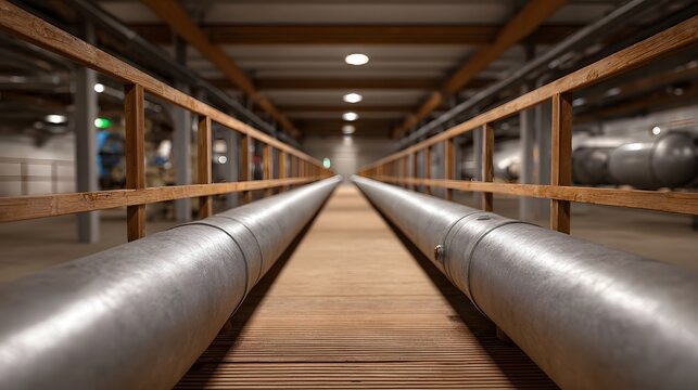 Illuminated industrial corridor with parallel metal pipes on a wooden walkway showcasing modern infrastructure and transport systems
