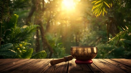 Tranquil singing bowl setup on a rustic wood surface, bathed in serene golden forest light. Perfect for themes of meditation, mindfulness, wellness, sound healing, spiritual calm, and natural thera
