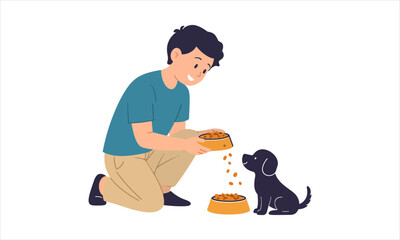 Caring young boy feeding his adorable black puppy, demonstrating pet responsibility and love