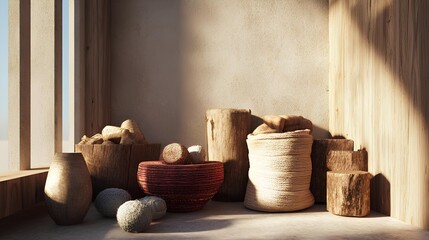 Rustic Still Life: A sun-drenched scene showcasing an array of natural elements &ndash; smooth stones, rough-hewn wood, and a textured cloth bag &ndash; arranged indoors, evoking a sense of calm and simplicity.
