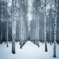 A serene winter scene showcasing tall, slender birch trees contrasted sharply against deep white snow. Natural, cold, beautiful environment ,peaceful ,beauty ,tree