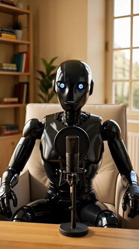 A young black Android device records a podcast with a microphone in a cozy home studio. Ideal for media and content marketing.