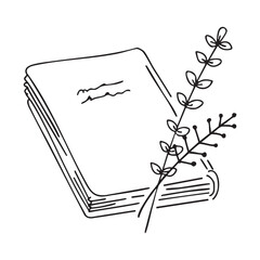 Simple Black Line Book Icon with Botanical Element
