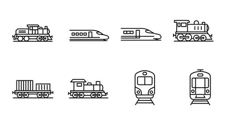 Line art icons depicting various types of trains and railway elements © msunny93