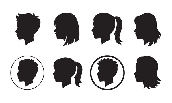 Collection of diverse profile silhouettes representing different hairstyles and ages for user icons or avatars.