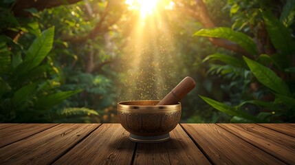 Serene meditation with golden singing bowl & mallet on wooden table, bathed in warm sunlight amidst lush green jungle leaves. Wellness & zen.
