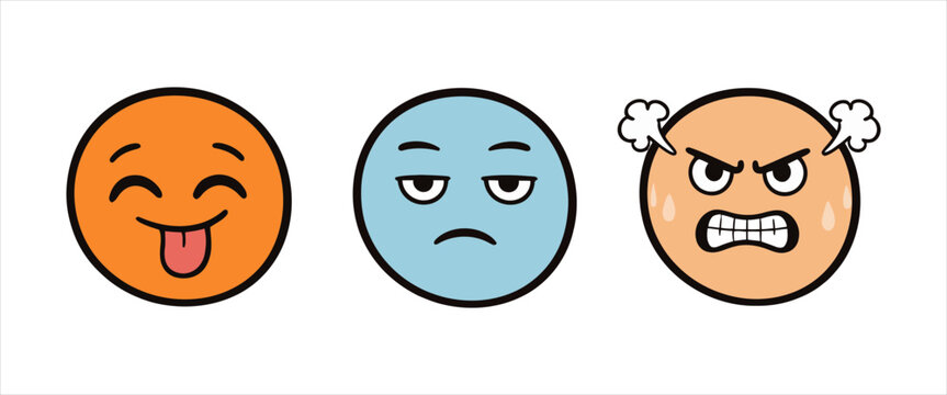 Emotions expressed through expressive emoji faces happy, bored, and angry