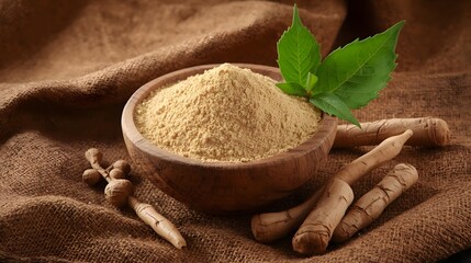 Ashwagandha powder in wooden bowl with roots & green leaf on burlap. Ayurvedic herb for health, wellness & stress relief. Natural supplement, traditional medicine.