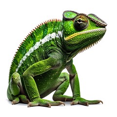 Green chameleon sitting. Looks vibrant. White background allows the lizard to stand out, highlighting it's scales