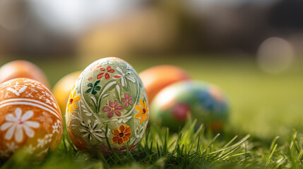 Fototapeta premium Ostara Festival, Hand Painted Floral Easter Eggs Resting on Spring Grass for Ostara Festival Celebration