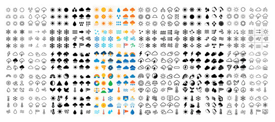 Weather icons collection: sun, cloud, rain, snow