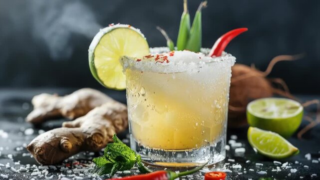 Footage refreshing cocktail served on a table with a slice of lime, a dash of chili pepper, and a piece of fresh ginger