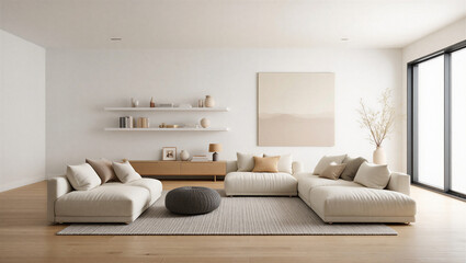 Fototapeta premium Modern living room with white sectional sofa and large windows