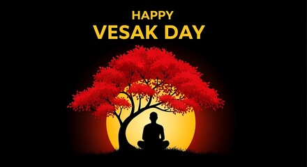 Silhouette of meditating person under red tree with yellow moon background Vesak