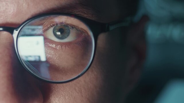 Close up glasses reflecting endless internet pages scrolling online content. Concept web search internet addiction digital overload social media browsing, nonstop information flow on computer screen