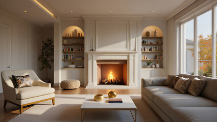 Cozy living room with a fireplace and large windows © Sabbir Digital