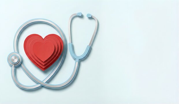 聴診器と赤いハートのペーパークラフト、医療と健康管理のイメージ（ヘルスケア・病院・検診）