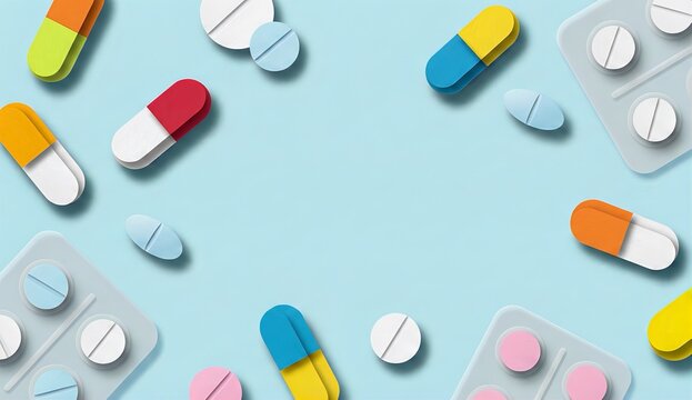 カラフルなカプセルと錠剤のペーパークラフト、薬と医療のイメージ（ヘルスケア・治療・サプリメント）