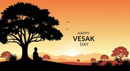 Silhouette of person meditating under tree with Vesak Day greeting at sunset meditation