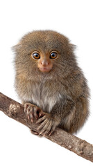Cute pygmy marmoset sitting on a branch isolated on white background
