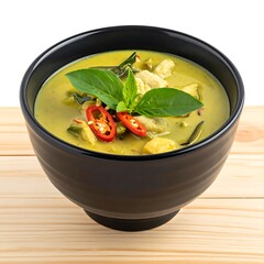 Green curry dish a bowl of pale green curry with chicken, peppers, and basil on a wooden table