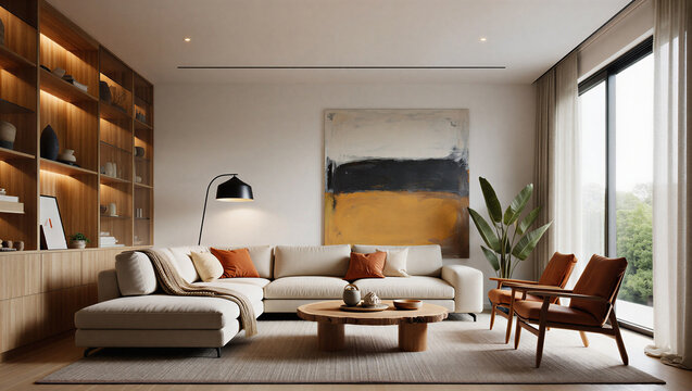 Modern living room with comfortable couch and large window