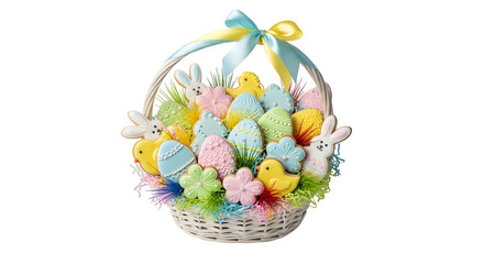 Easter basket with decorated cookies isolated on transparent background