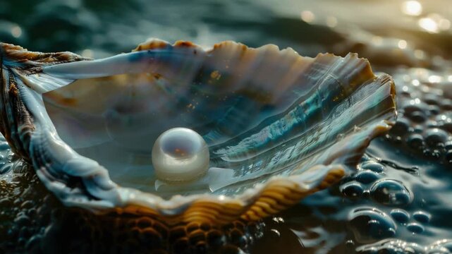Footage single pearl sits inside a shell on a sunny beach