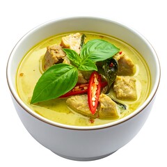 Green curry in a white bowl, with meat, basil leaves, and chili slices, set against a white background