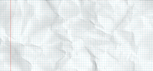 Square pattern texture perfect for school or education themes. Crumpled white paper background with vintage notebook blue graph grid and red line. Vector illustration bg for collage . © A_Y_N