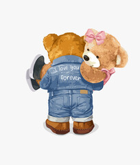 bear doll lover couple carrying back facing vector illustration