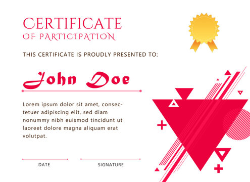 Modern Pink Geometric Certificate of Participation Template for Events, Competitions, and Workshops with badge