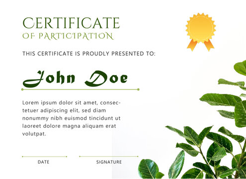 Green Botanical Certificate of Participation Template with Gold Award Badge Design
