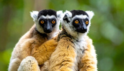 Fototapeta premium Two adorable white-fronted brown lemurs in a natural habitat.