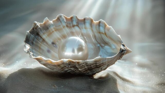 Footage single pearl nestled inside a shell on a sandy beach, perfect for ocean or coastal themed designs