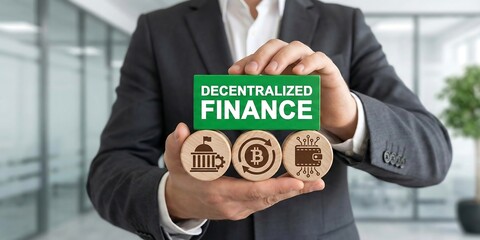 Obraz premium Man holding blocks sees inscription: DECENTRALIZED FINANCE. Decentralized Finance ( DeFi ). Technology blockchain, decentralized financial system cryptocurrency concept. new