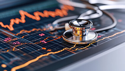 A close-up shot reveals a medical stethoscope resting on a financial graph, symbolizing the intersection of healthcare and market trends