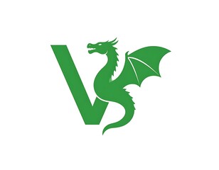 Green dragon coiled around a blocky letter V, all in monochrome color on a stark white background