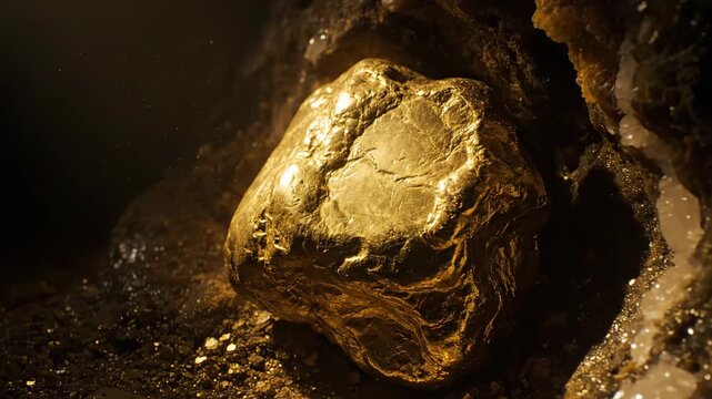 Glowing Gold Nugget in a Dark Rocky Cave.