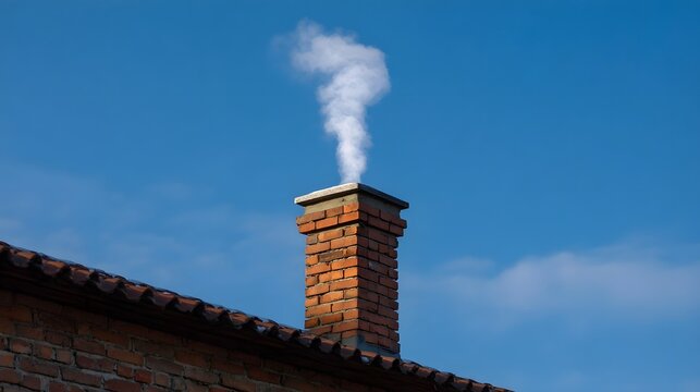 White smoke billows from a brick chimney on a sunny day against a clear blue sky