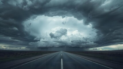 Dramatic stormy sky over an endless highway. Dark, foreboding cumulonimbus clouds loom with heavy rain, creating a powerful, atmospheric landscape. Ideal for travel, climate, journey themes.