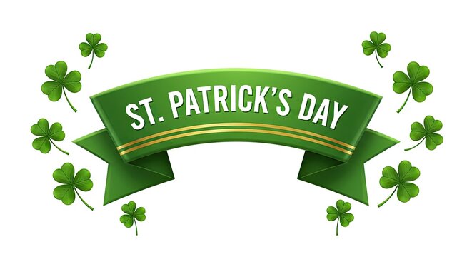 St patricks day green ribbon logo with shamrocks and clover leaves