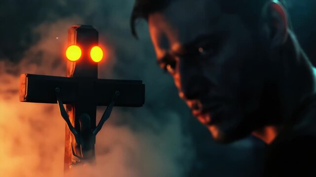 Footage person looks down at a cross in a dimly lit environment, with possible connotations of contemplation or reflection