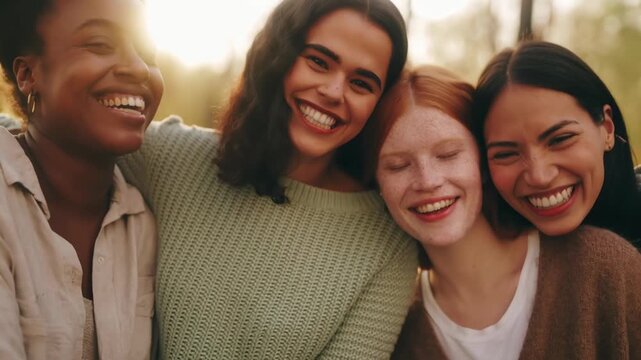 A joyful group of friends smiling at the camera, captured in a close-up angle, ideal for a video thumbnail