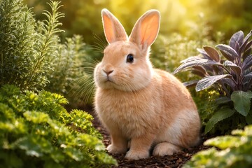 Fototapeta premium Creme d'Argent cream-orange rabbit in herb garden with rosemary, sage, parsley. Morning dew, golden light, detailed wildlife portrait.